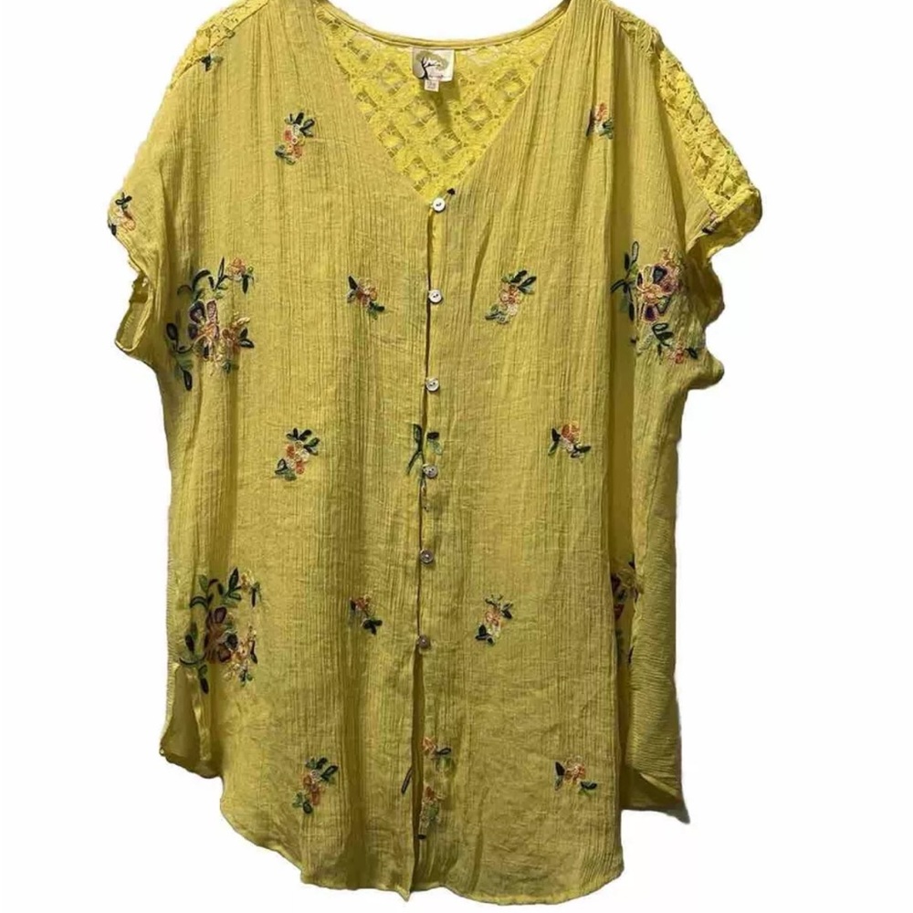 ANTHROPOLOGIE FIG AND FLOWER Yellow Cotton Embroidered Tunic Plus Size 3X